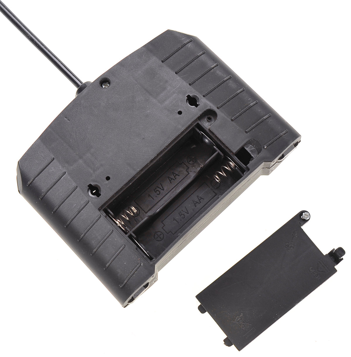 Black electronic component with a small black plate on a white background
