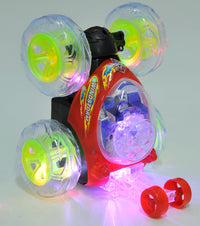 Toy car with glowing wheels on a light gray background