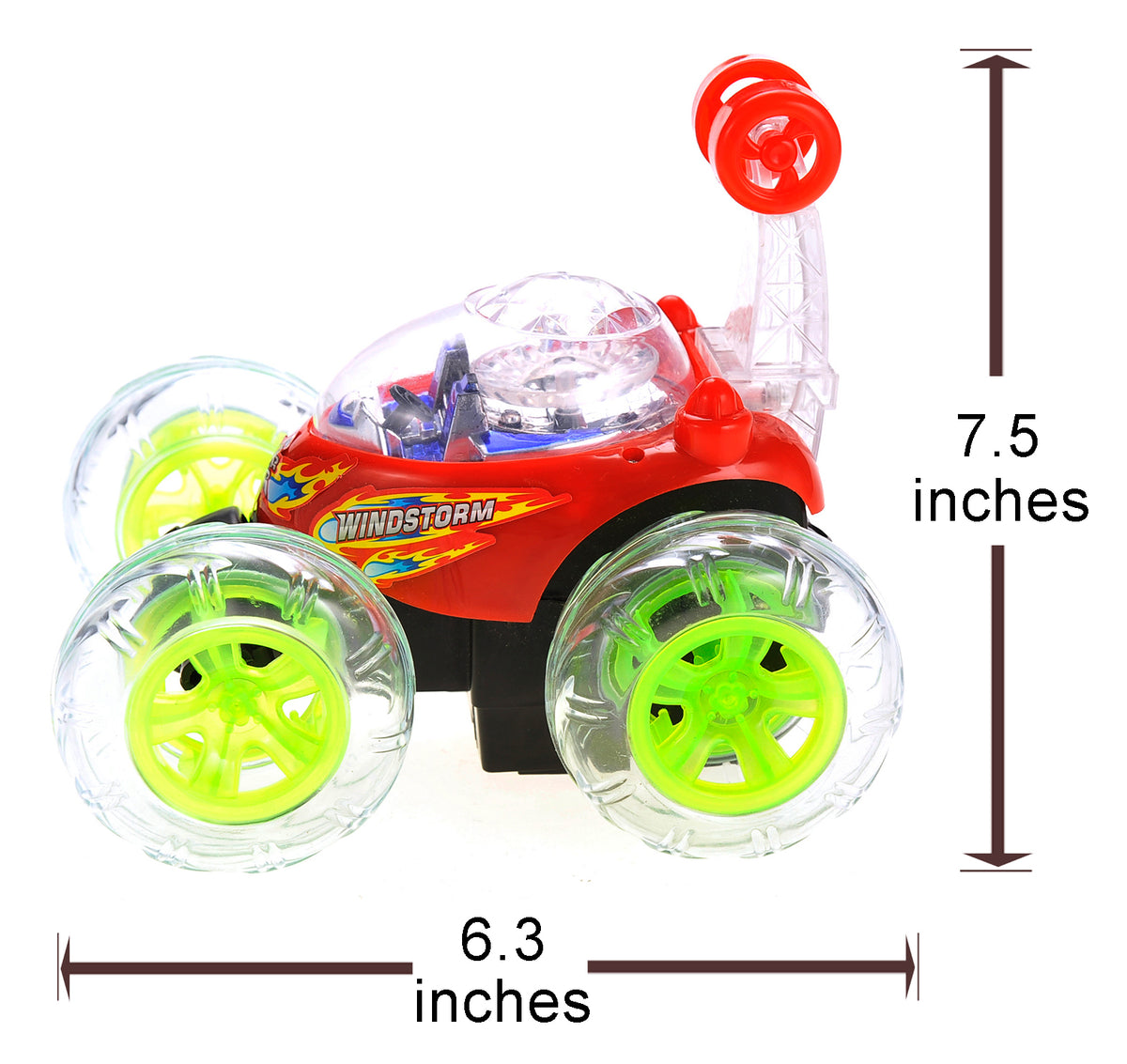 Toy car with green wheels and red top, shown with measurements on a white background