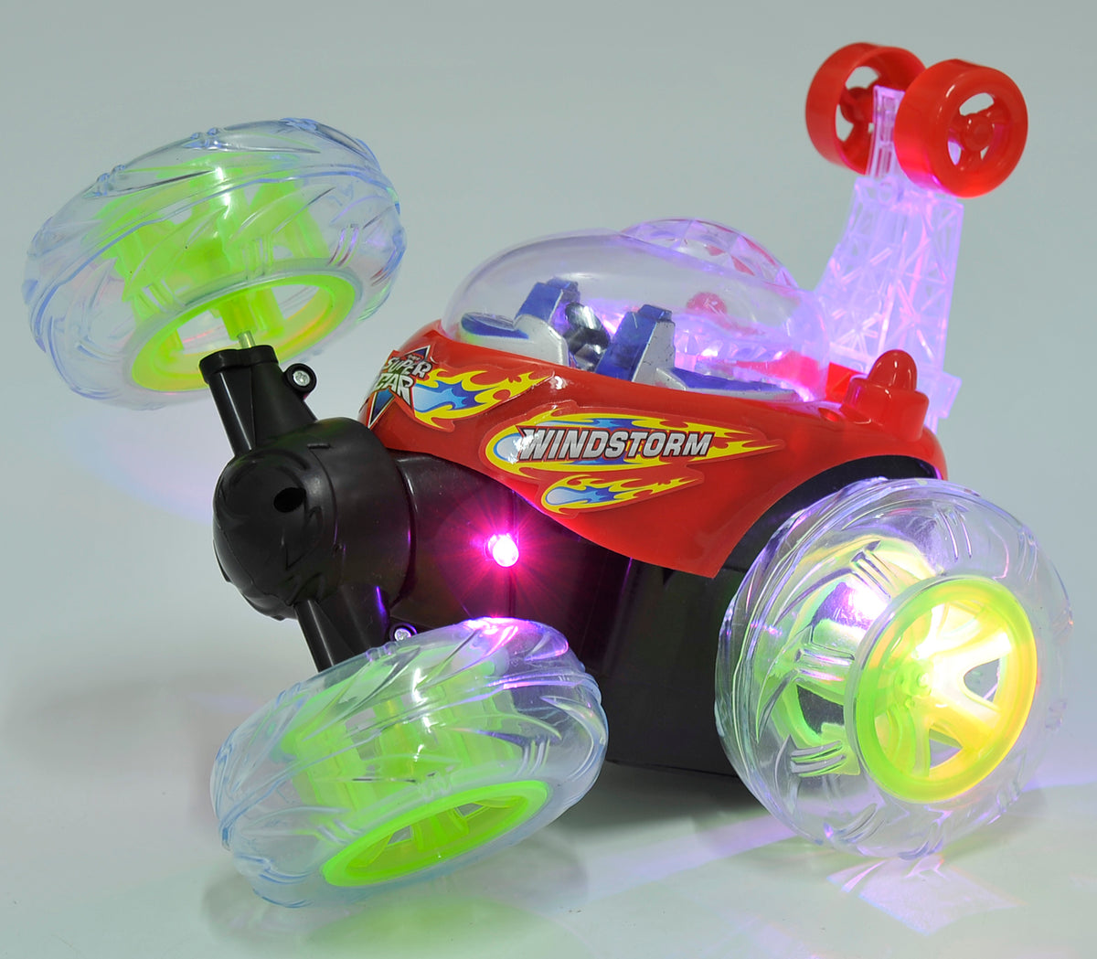 Toy vehicle with colorful wheels and 'Windstorm' branding on a light gray background