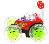 Toy car with red body, yellow wheels, and transparent top on a white background