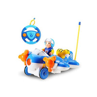 Toy police airplane with a driver figure and steering wheel on a white background