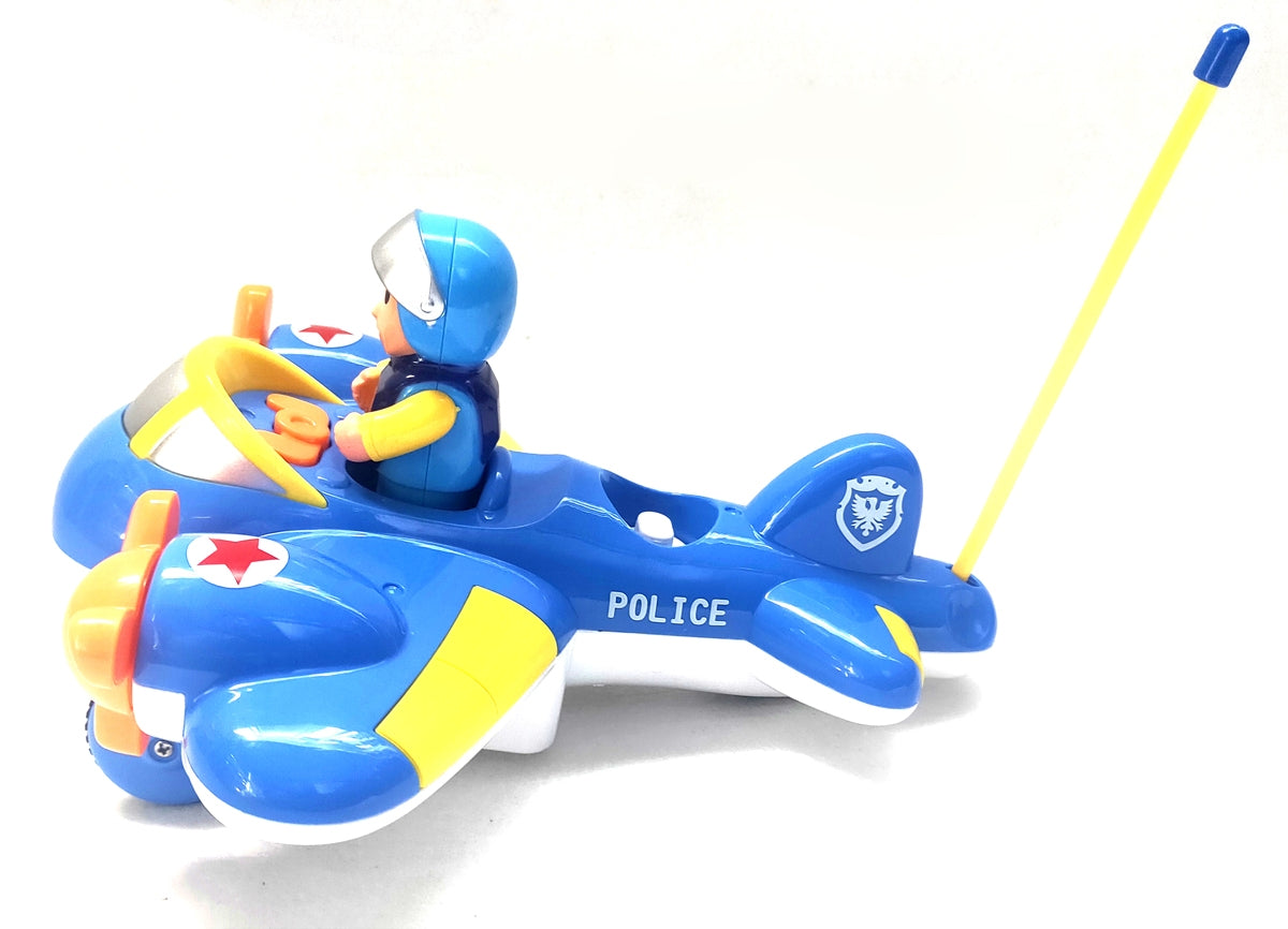 Toy police airplane with a figure on a white background