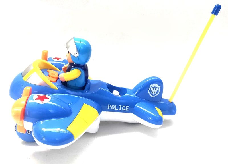 Toy police airplane with a figure on a white background