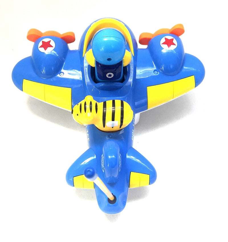 Toy airplane with blue and yellow colors on a white background