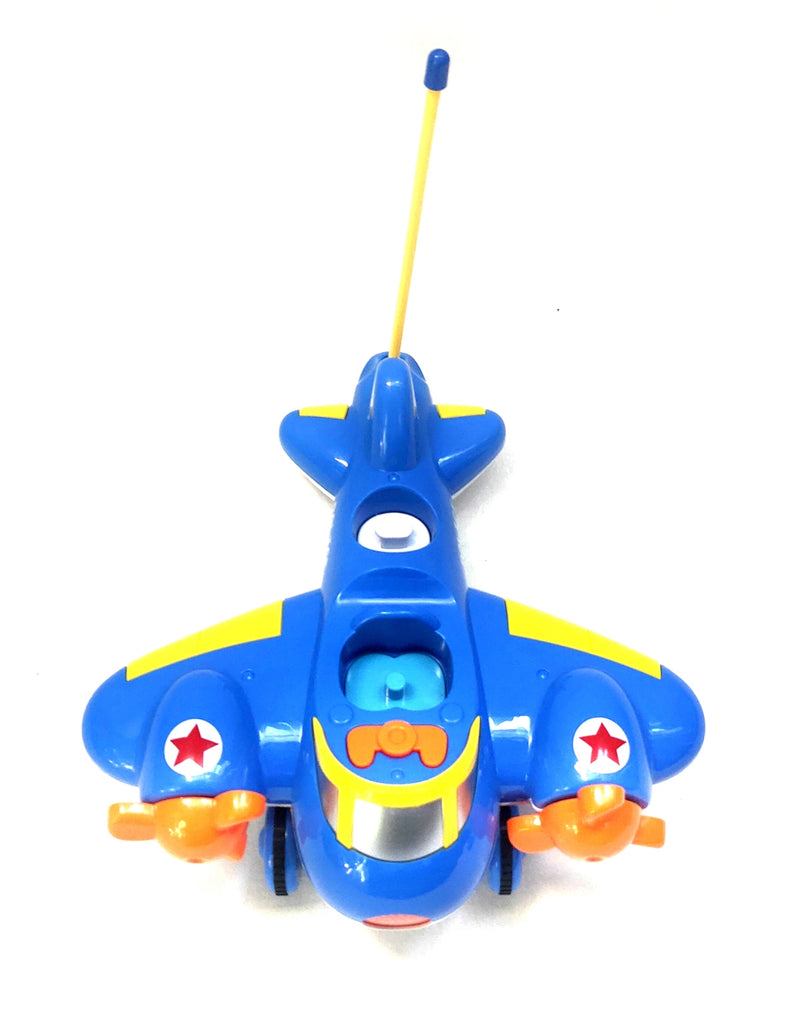 Toy airplane with blue body, yellow accents, and red stars on a white background