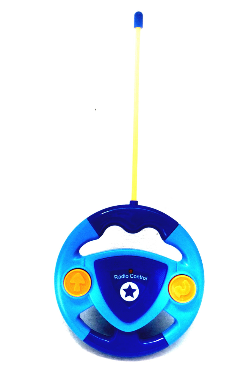 Blue toy steering wheel with radio control feature on a white background