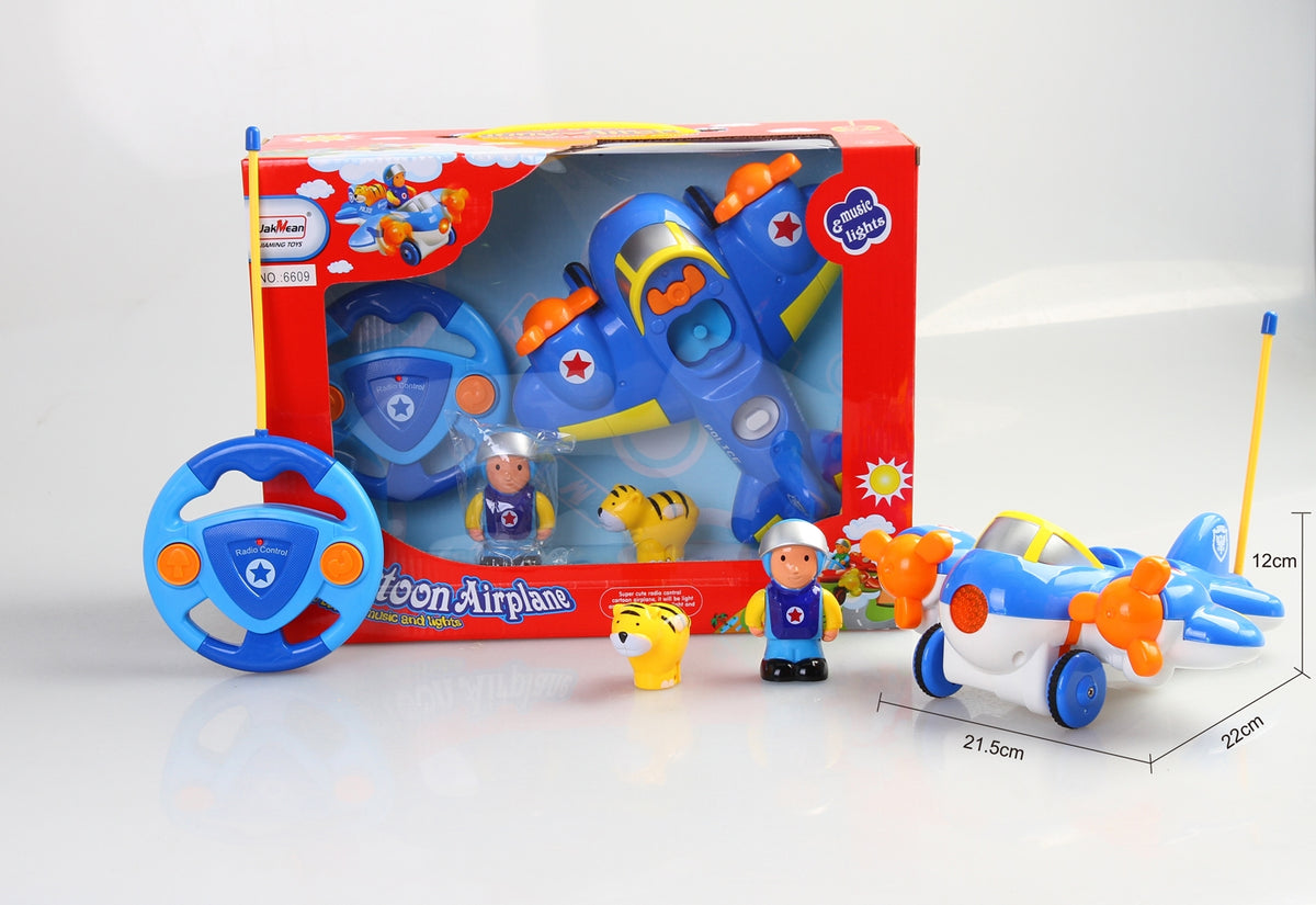 Toy airplane set with figures and steering wheel in front of a red box on a white background