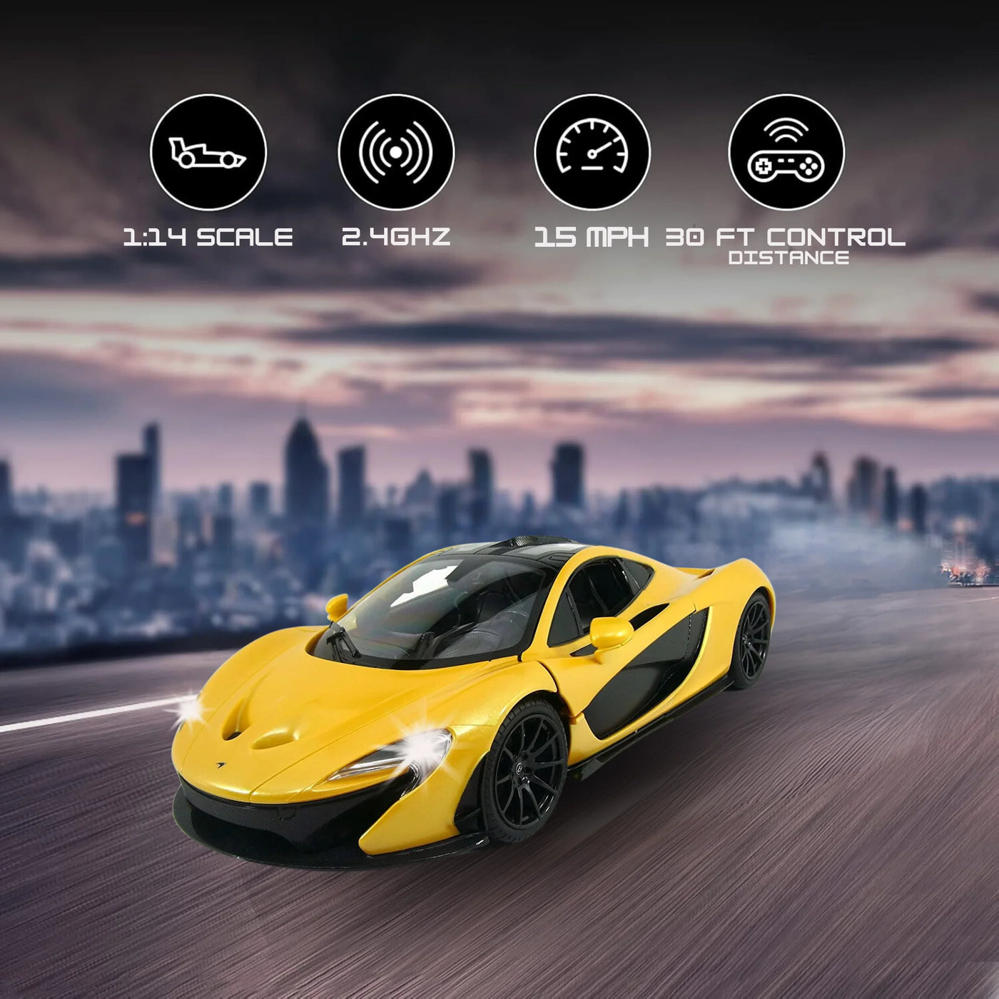 McLaren P1 RC car showing scale, speed, and control distance in a dynamic setting.