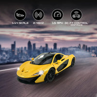 McLaren P1 RC car showing scale, speed, and control distance in a dynamic setting.