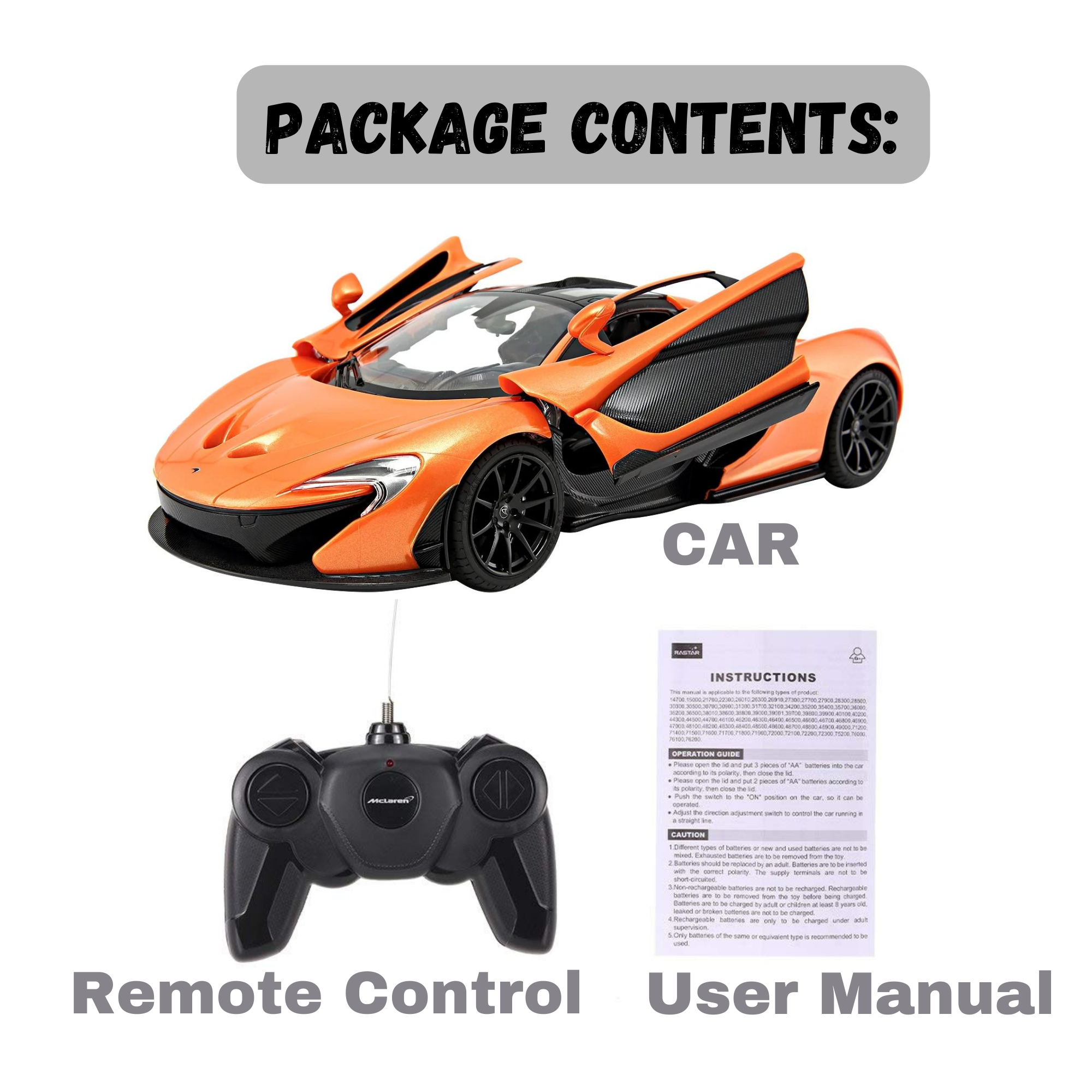 McLaren P1 RC Car Package Contents Including Car, Remote Control, and User Manual