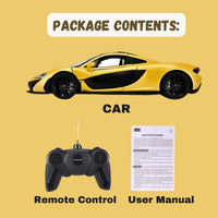 McLaren P1 RC car package contents with car, remote control, and user manual