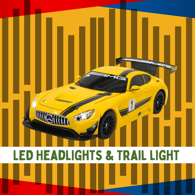 Mercedes-Benz RC car with LED headlights and trail lights, AMG GT model with striking yellow design