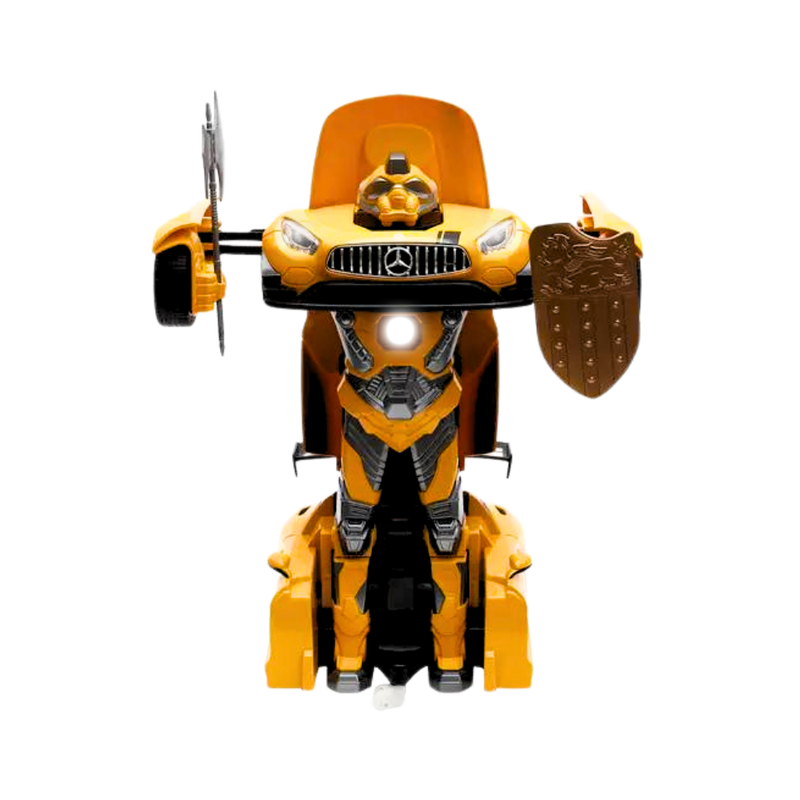 Front view of Mercedes-Benz RC car transformed into robot mode with shield and axe
