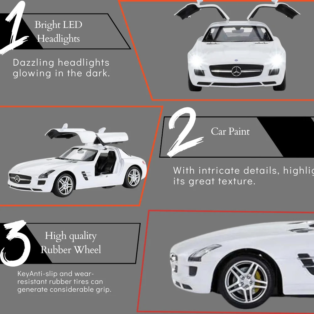 Mercedes-Benz SLS AMG RC car features LED headlights, high-quality paint, and rubber wheels