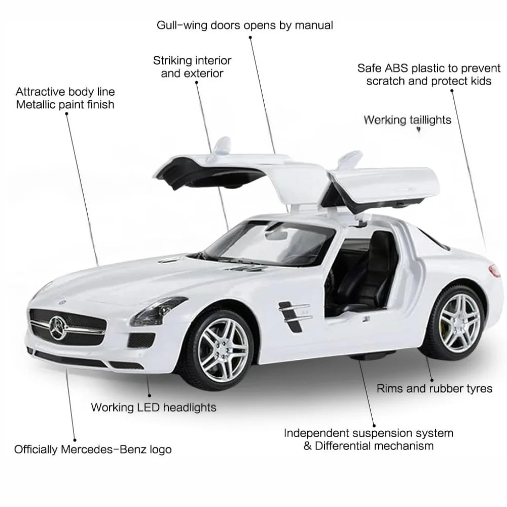 Detailed specifications of Mercedes-Benz SLS AMG RC car with gull-wing doors and metallic paint