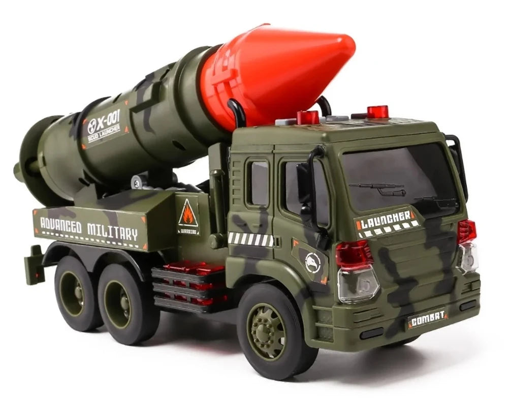 Angle view of the missile truck toy showing the detailed front and red missile head, designed for children’s pretend play