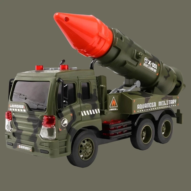 Side view of the advanced military missile truck toy with camouflage design and realistic details