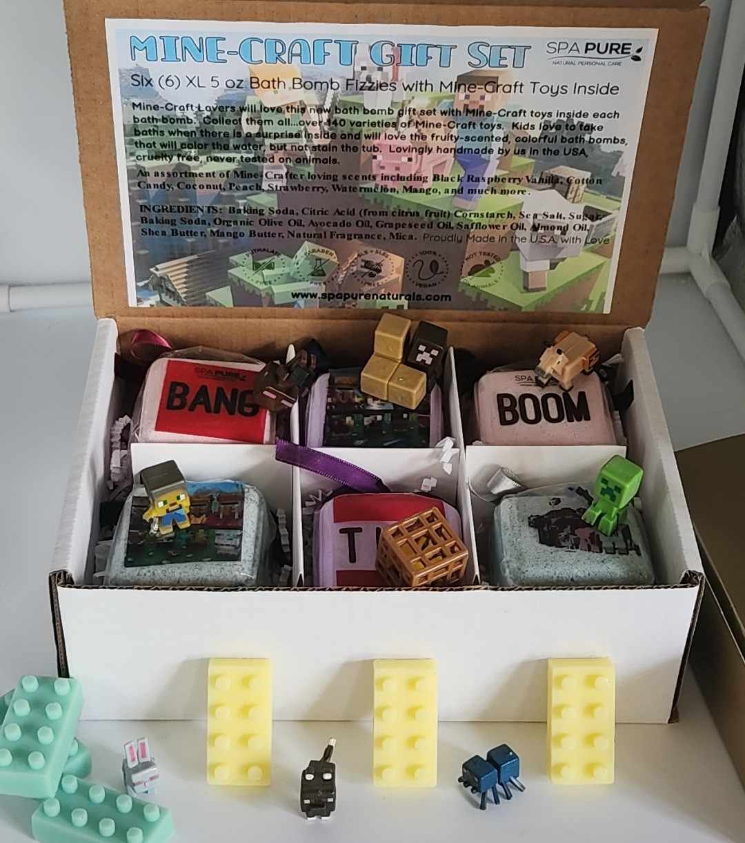 Pack of 6 Natural Kids Bath Bombs with MineCrafter Toys Inside
