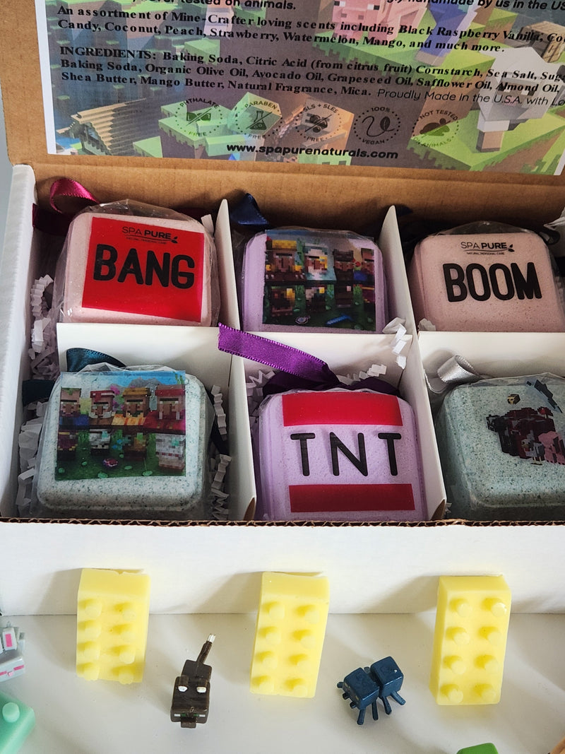 Pack of 6 Natural Kids Bath Bombs with MineCrafter Toys Inside