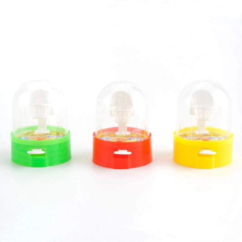 Mini basketball hoop toy in green, red, and yellow color variation