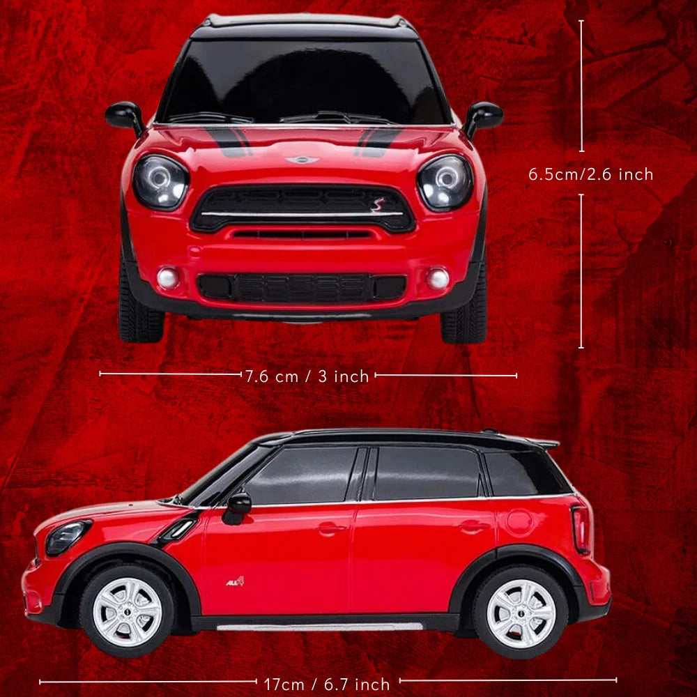 Dimensions of the Mini Cooper RC car with front and side views