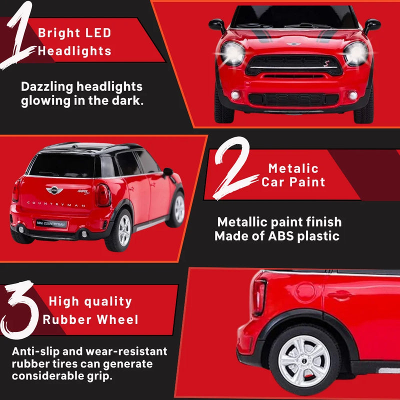 "Features of the Mini Cooper RC car including LED headlights, metallic paint, and rubber wheels