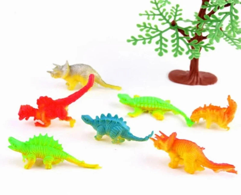 Colorful mini dinosaur figures with a plastic tree, toy set for kids