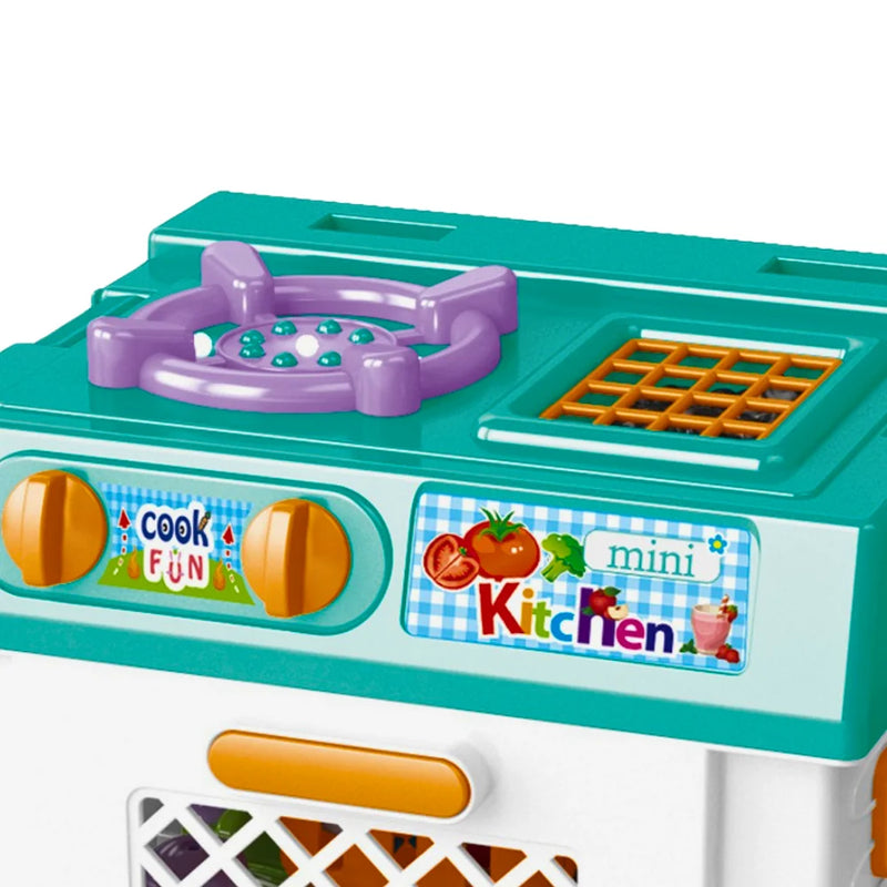 Close-up of the mini kitchen playset stove and fun cooking features