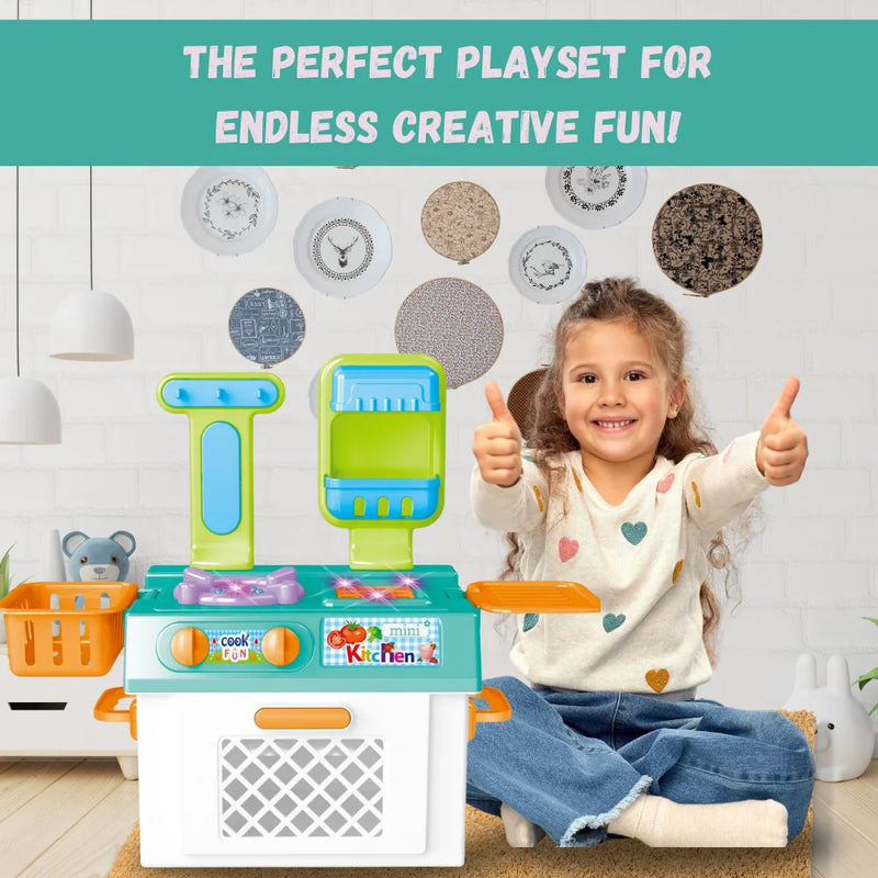 Girl playing with mini kitchen playset, a perfect toy for creative cooking fun