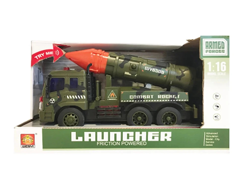 Boxed military missile launcher toy with 'Try Me' feature and vibrant packaging, ideal for gifting children ages 3 and up