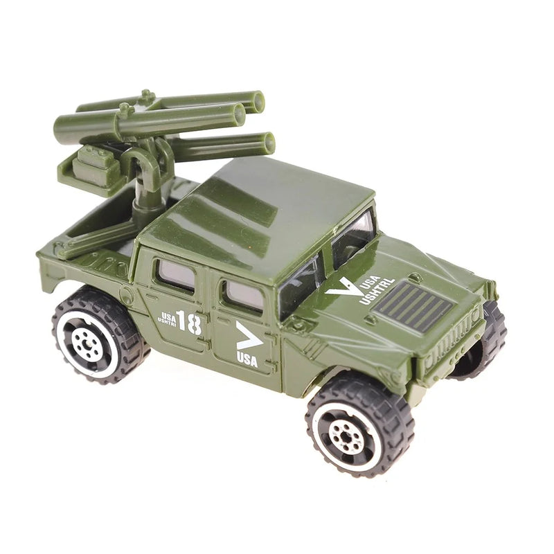 Green military toy vehicle with missile launcher, part of army vehicle playset