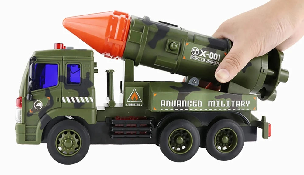 Hand holding the military missile launcher toy, highlighting its friction-powered wheels and robust design for immersive play.