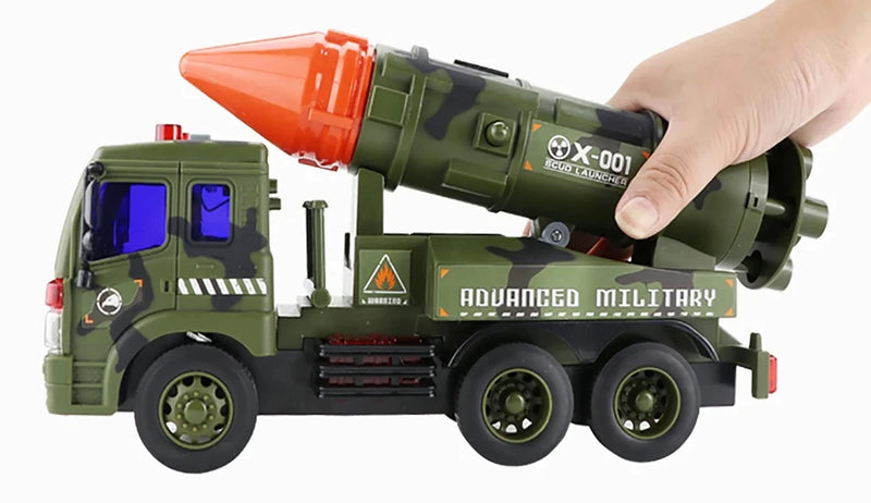 Hand holding the military missile launcher toy, highlighting its friction-powered wheels and robust design for immersive play.