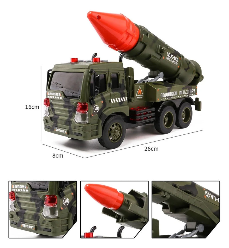 Missile truck toy with dimensions marked, showing its 28 cm length and detailed features for realistic play
