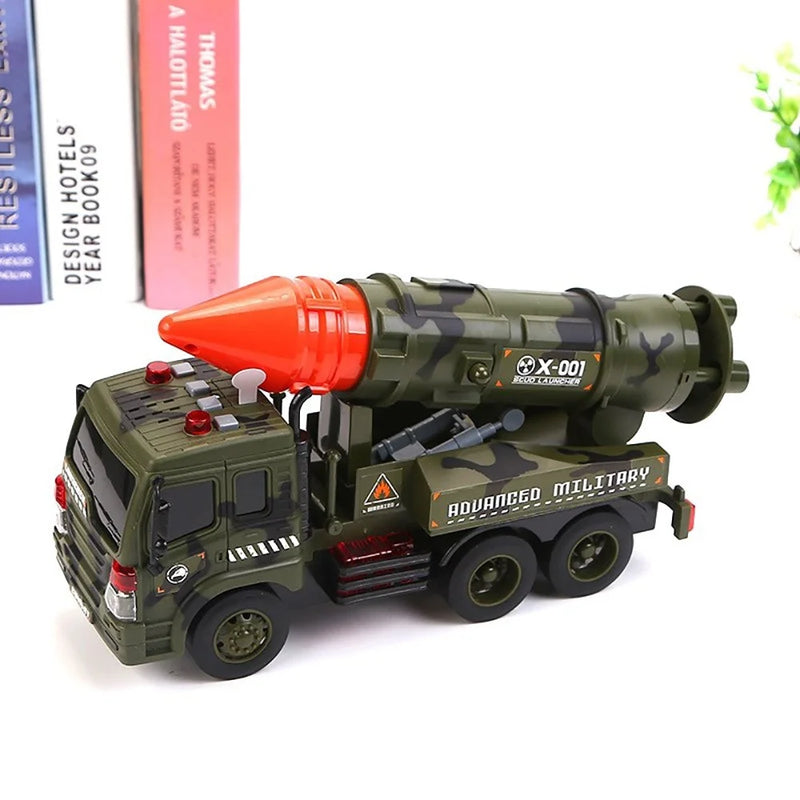 Missile truck toy displayed on a shelf, perfect for military-themed toy collections and pretend play