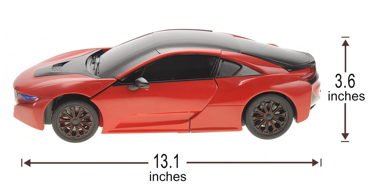 Red toy car with measurements on a white background