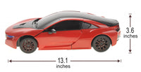 Red toy car with measurements on a white background