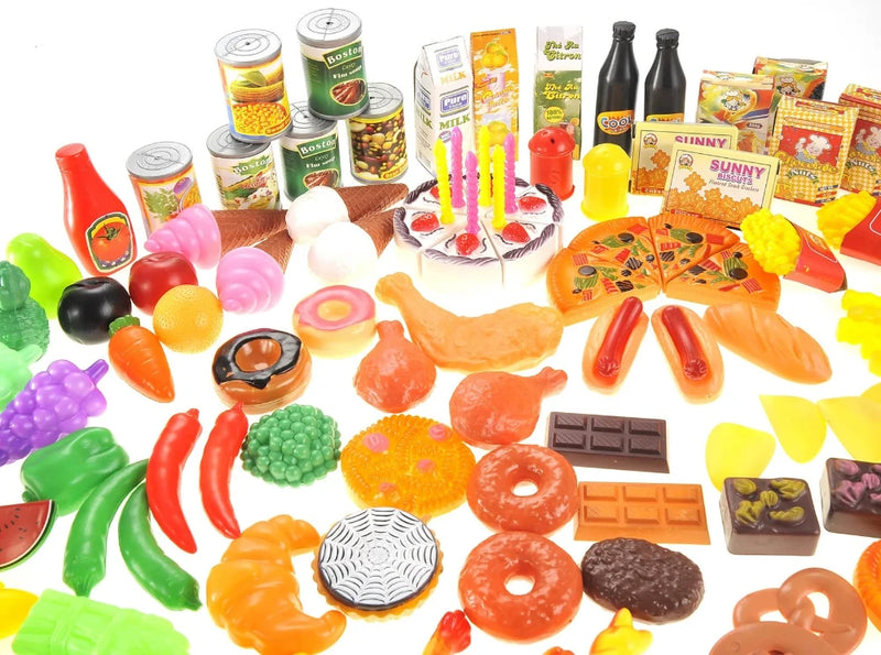 Large collection of realistic play food items including fruits, vegetables, snacks, and canned goods for kitchen play