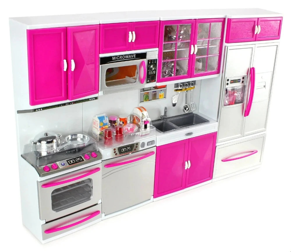 My Modern Kitchen Playset with pink cabinets, microwave, sink, and realistic kitchen accessories for children