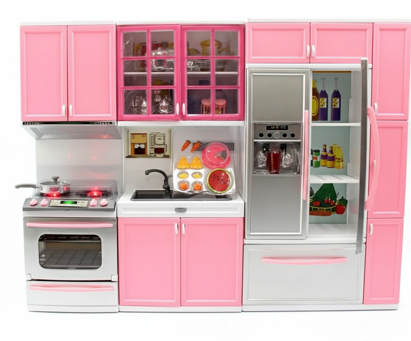 Pink and white toy kitchen set with various appliances and items.
