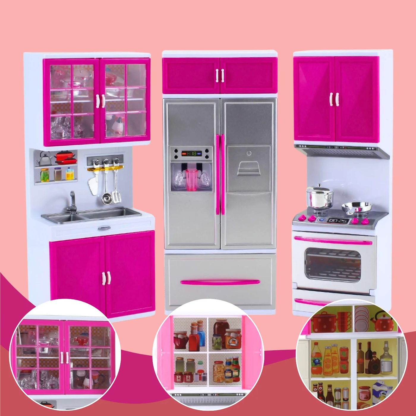 Interior view of modern toy kitchen set with cabinets, shelves, and detailed kitchen items