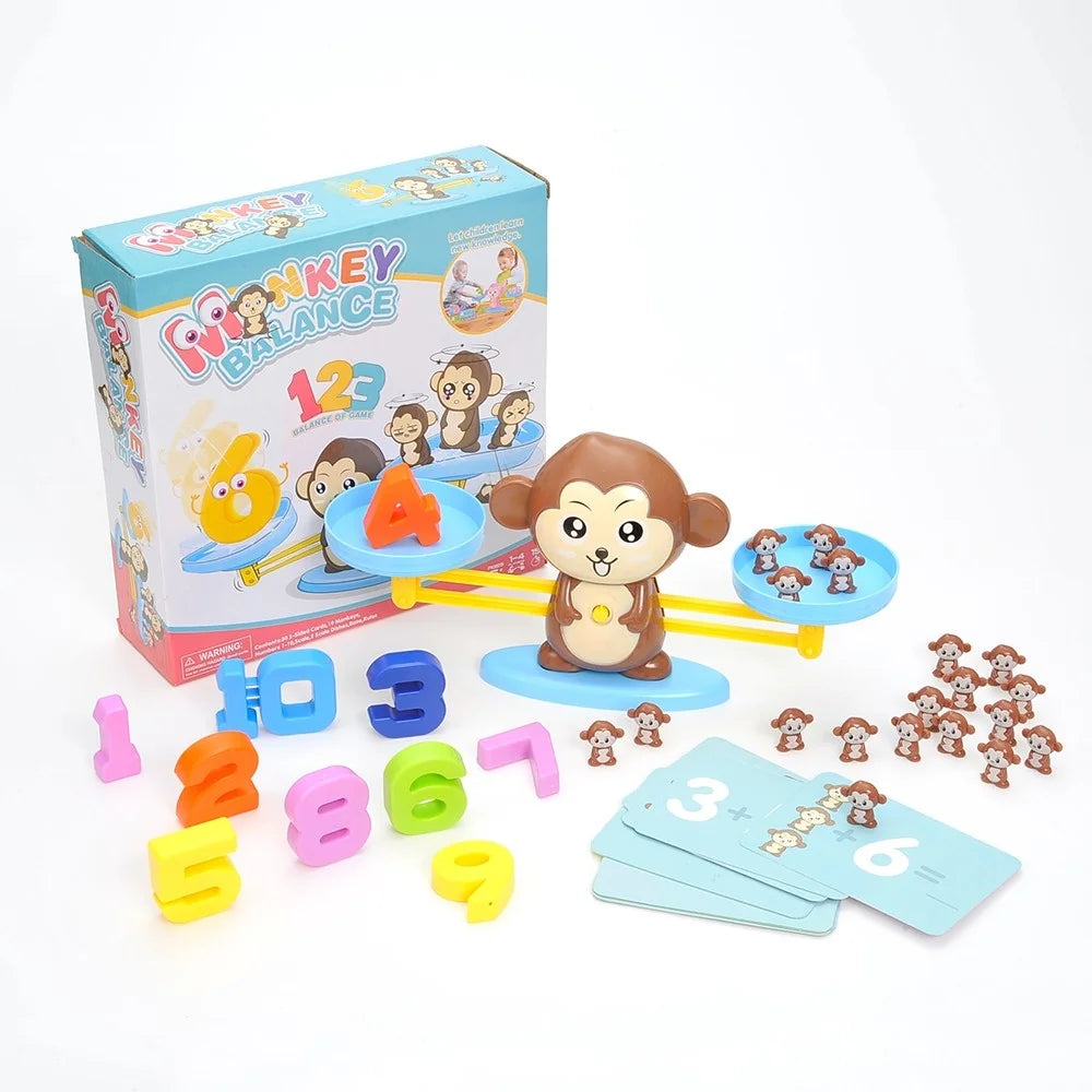 Monkey Balance educational toy set with box, colorful numbers, and monkey scale for fun math learning.