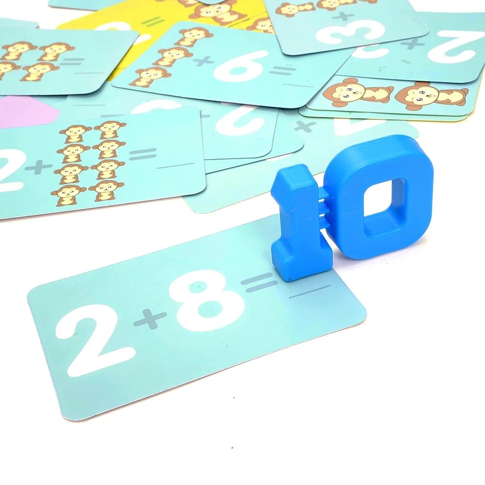 Monkey Balance toy with number 10 and math card showing addition exercise for interactive learning