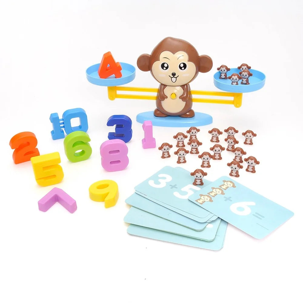 Monkey Balance toy set with colorful numbers, mini monkey figures, and math cards for educational play