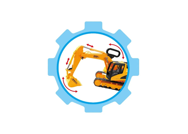 Movable bucket and arm feature on large yellow excavator toy