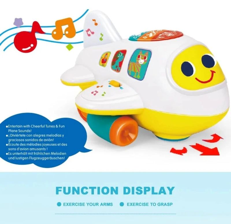 Musical airplane toy for toddlers with colorful designs and cheerful sounds.