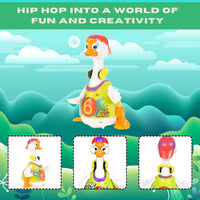 Detailed view of musical hip hop goose toy features, including swinging neck, moving legs, and flashing lights.