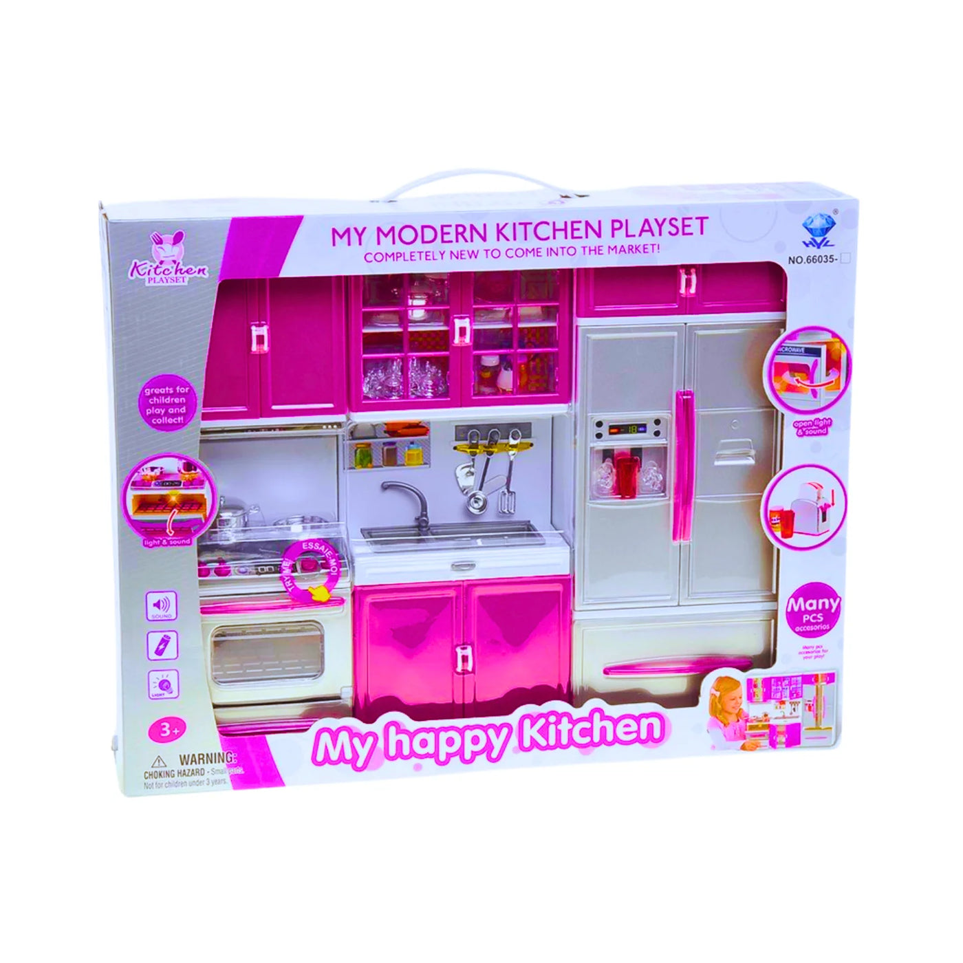 My Modern Kitchen playset packaging showing a toy kitchen set with refrigerator and stove