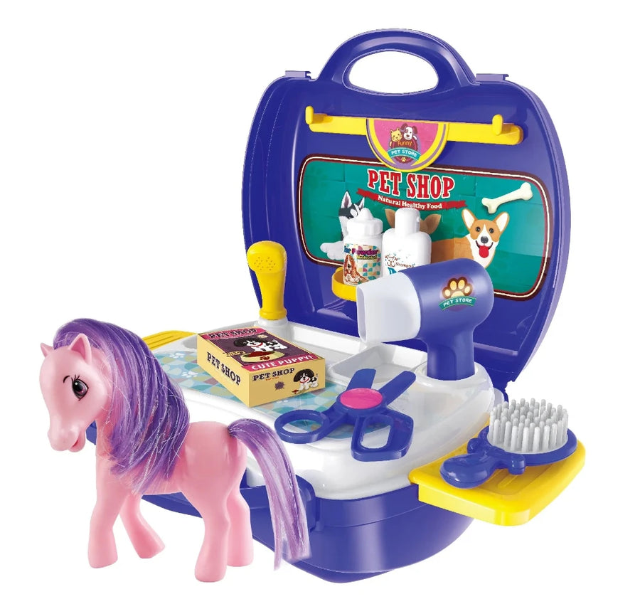 My Little Pony Pet Shop playset with toy accessories including brushes, blow dryer, and pony figure